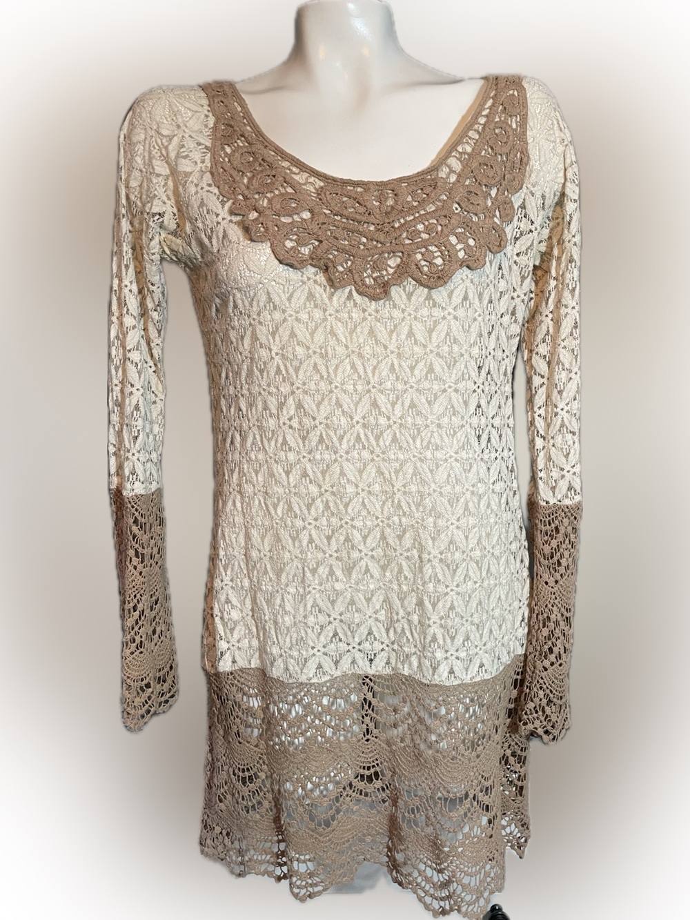 A'Reve Cream and Taupe Crochet Tunic